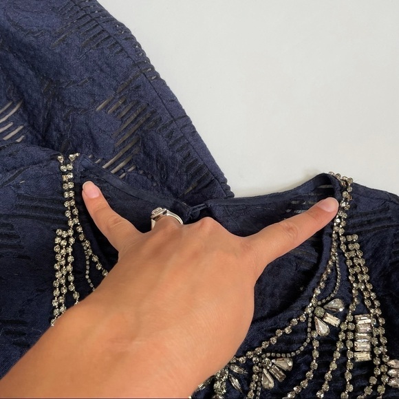 Lela Rose Navy Blue Jeweled Neck Full Skirt Dress - Picture 12 of 16